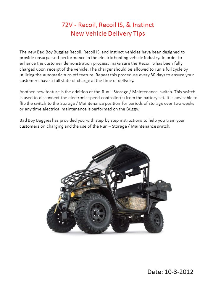 Bad Boy Buggy Wiring Diagram 72v Recoil Recoil is Instinct New Vehicle Delivery Tips Ppt Bad Boy Buggy Wiring Diagram 72v Recoil Recoil is Instinct New Vehicle Delivery Tips Ppt