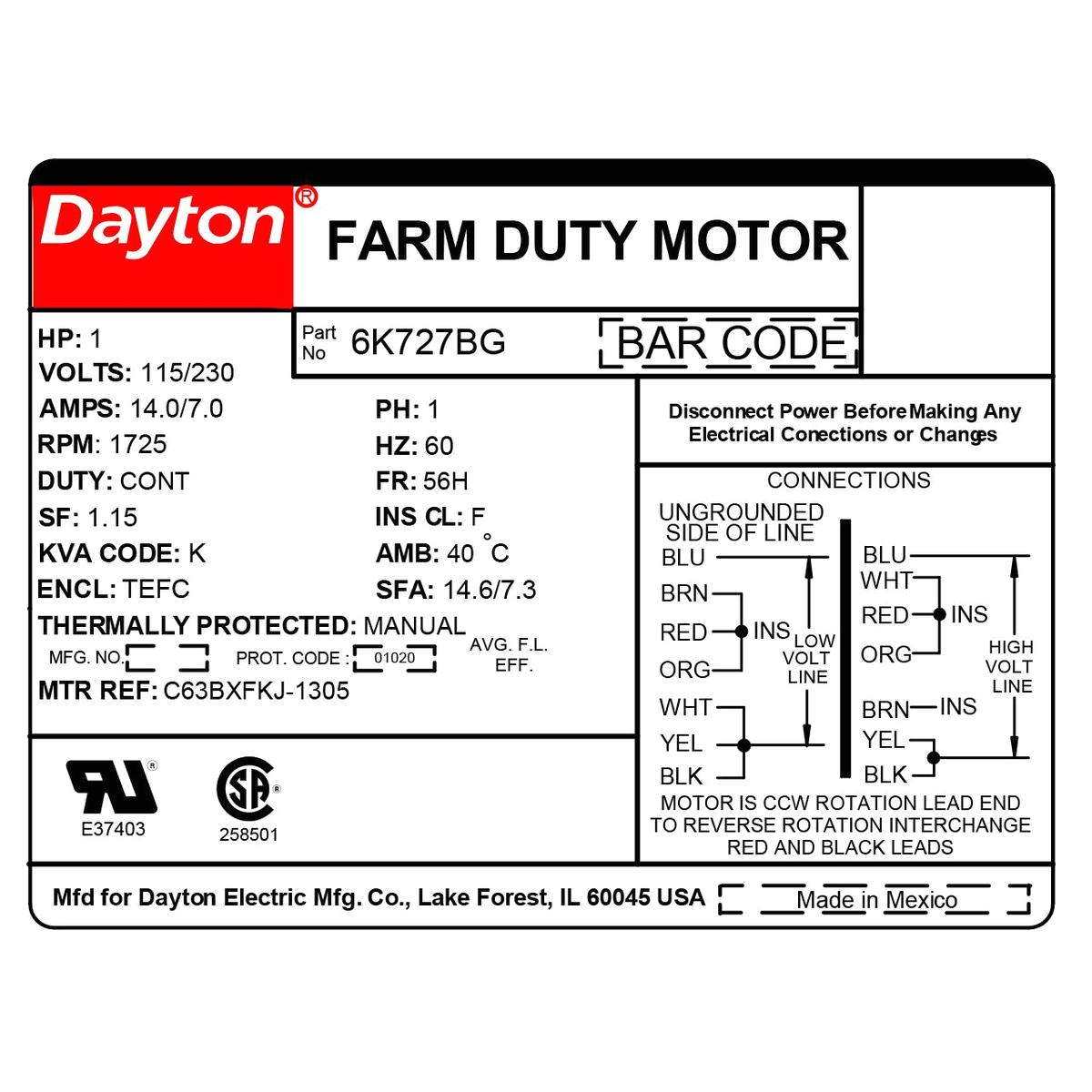 Dayton Farm Duty Motor Wiring Diagram High torque Farm Duty Motor Single Phase Tefc Gamut