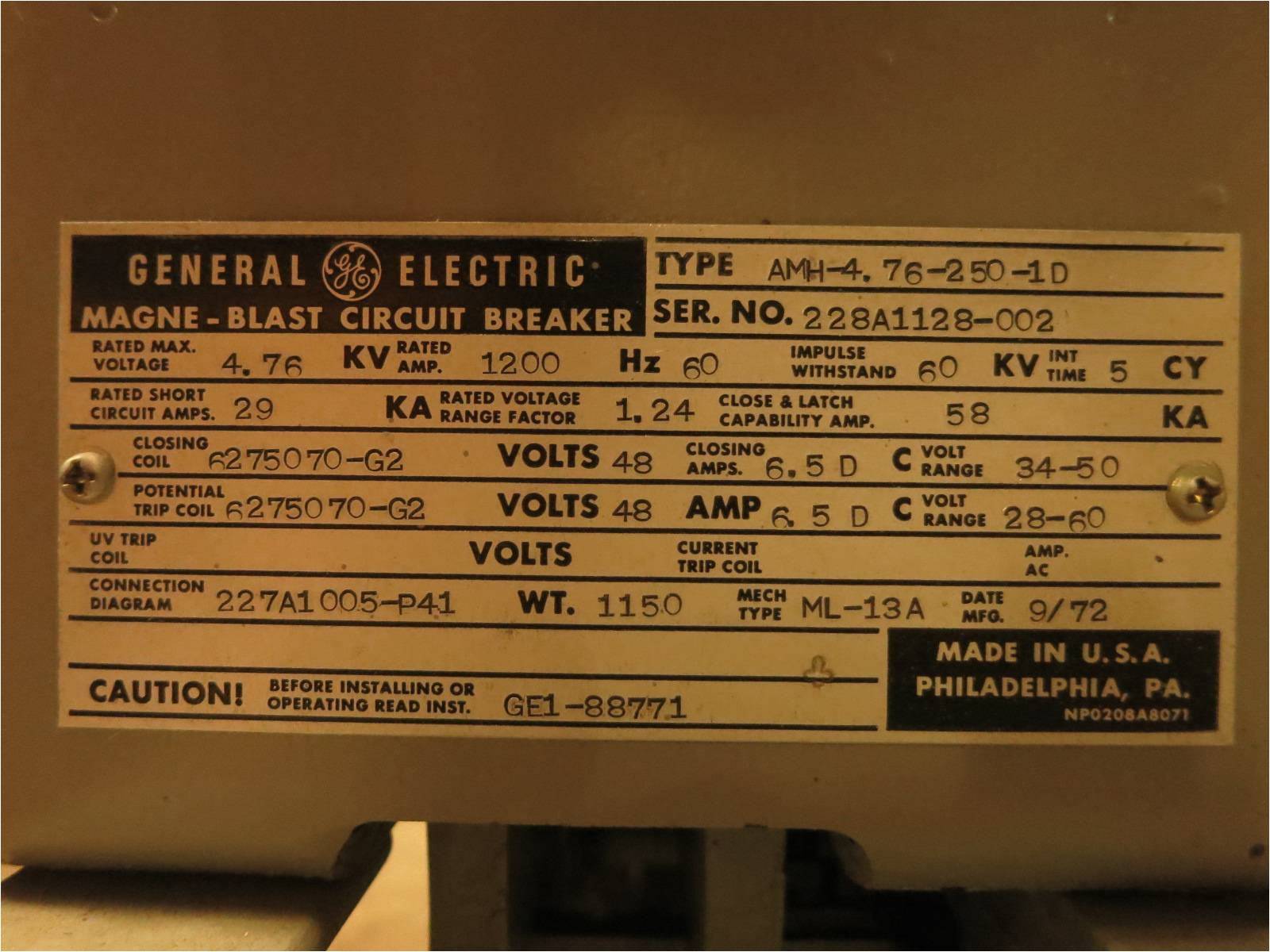 Ge Magne Blast Wiring Diagram Rebuilt Ge Magne Blast Amh 4 76 250 1d 1200a 4 76 Kv 5cy Ml 13a Ge Magne Blast Wiring Diagram Rebuilt Ge Magne Blast Amh 4 76 250 1d 1200a 4 76 Kv 5cy Ml 13a