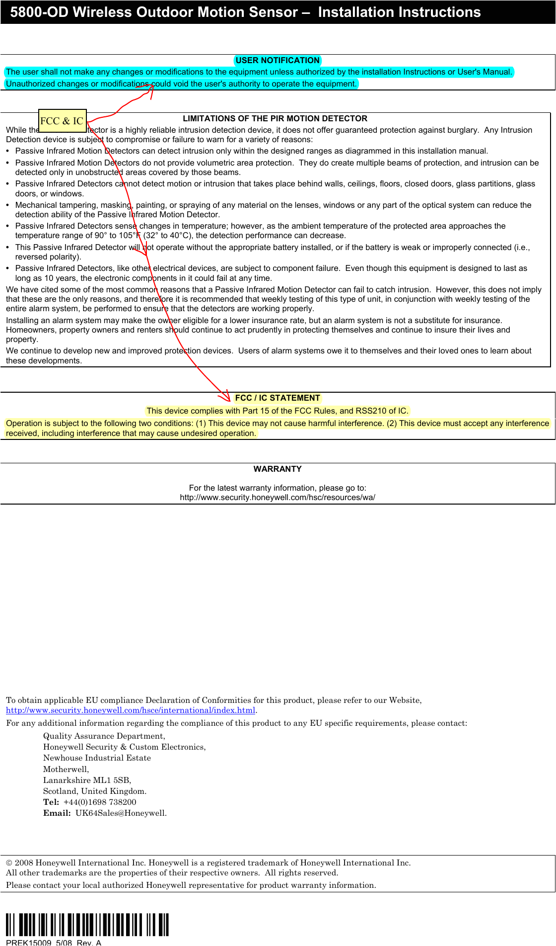 Honeywell Pir Sensor Wiring Diagram 8dl5800pir Od Security Transmitter User Manual 5890 Od Wireless