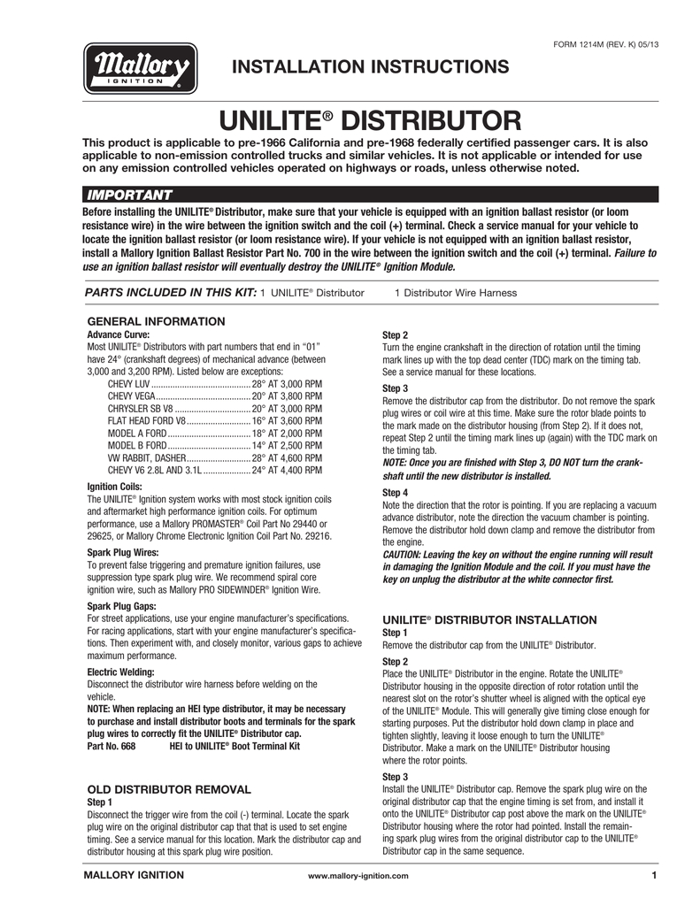Mallory Ignition Coil Wiring Diagram Mallory Unilite Distributor Installation Instructions