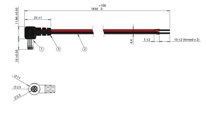2.5 Mm Jack Wiring Diagram Cable assembly 2 5mm Id 5 5mm Od Plug Right Angle to Wire Leads Flat 1 83 Meter