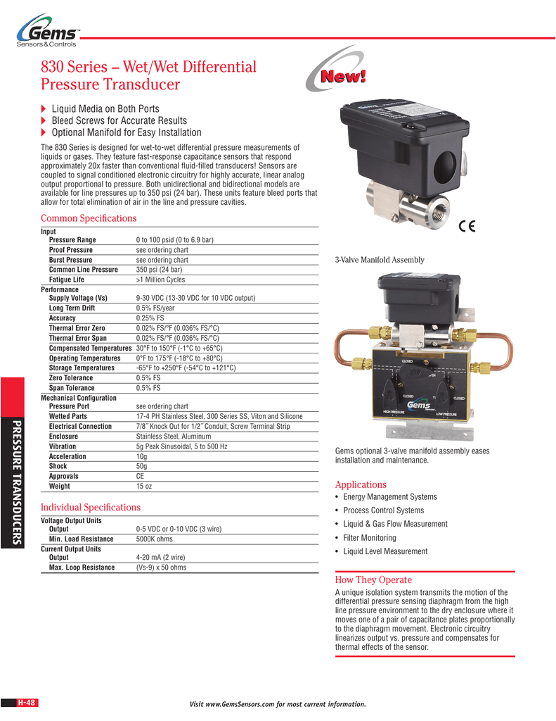 Gems Pressure Transducer Wiring Diagram 830 Series Wet Wet Differential Pressure Transducer New