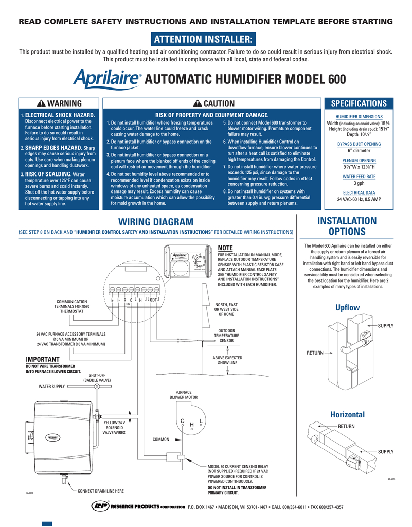 Aprilaire 600 Automatic Wiring Diagram Aprilaire 600a Specifications Manualzz Com
