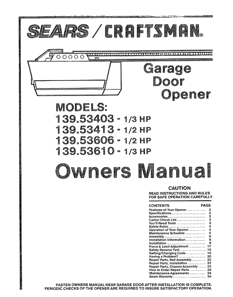 Craftsman Garage Door Sensor Wiring Diagram Craftsman 139 53403 Specifications Manualzz Com