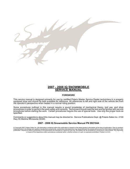 2009 Polaris Dragon 800 Wiring Diagram Polaris 2007 2008 Iq Service Manual Pdf Fairbanks Snow 2009 Polaris Dragon 800 Wiring Diagram Polaris 2007 2008 Iq Service Manual Pdf Fairbanks Snow