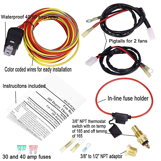 Dual Radiator Fan Wiring Diagram Dual Electric Cooling Fan Wire Harness Kit 185 On 165 Off thermostat 50 Amp Relay New Dual Radiator Fan Wiring Diagram Dual Electric Cooling Fan Wire Harness Kit 185 On 165 Off thermostat 50 Amp Relay New
