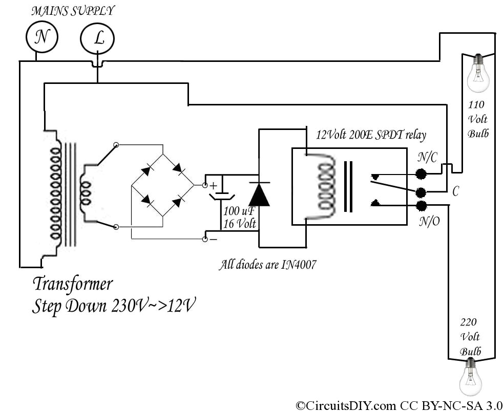 110 Volt Switch Wiring Diagram 220 Volt to 110 Volt Auto Bulb Changer Circuit – Circuits Diy 110 Volt Switch Wiring Diagram 220 Volt to 110 Volt Auto Bulb Changer Circuit – Circuits Diy